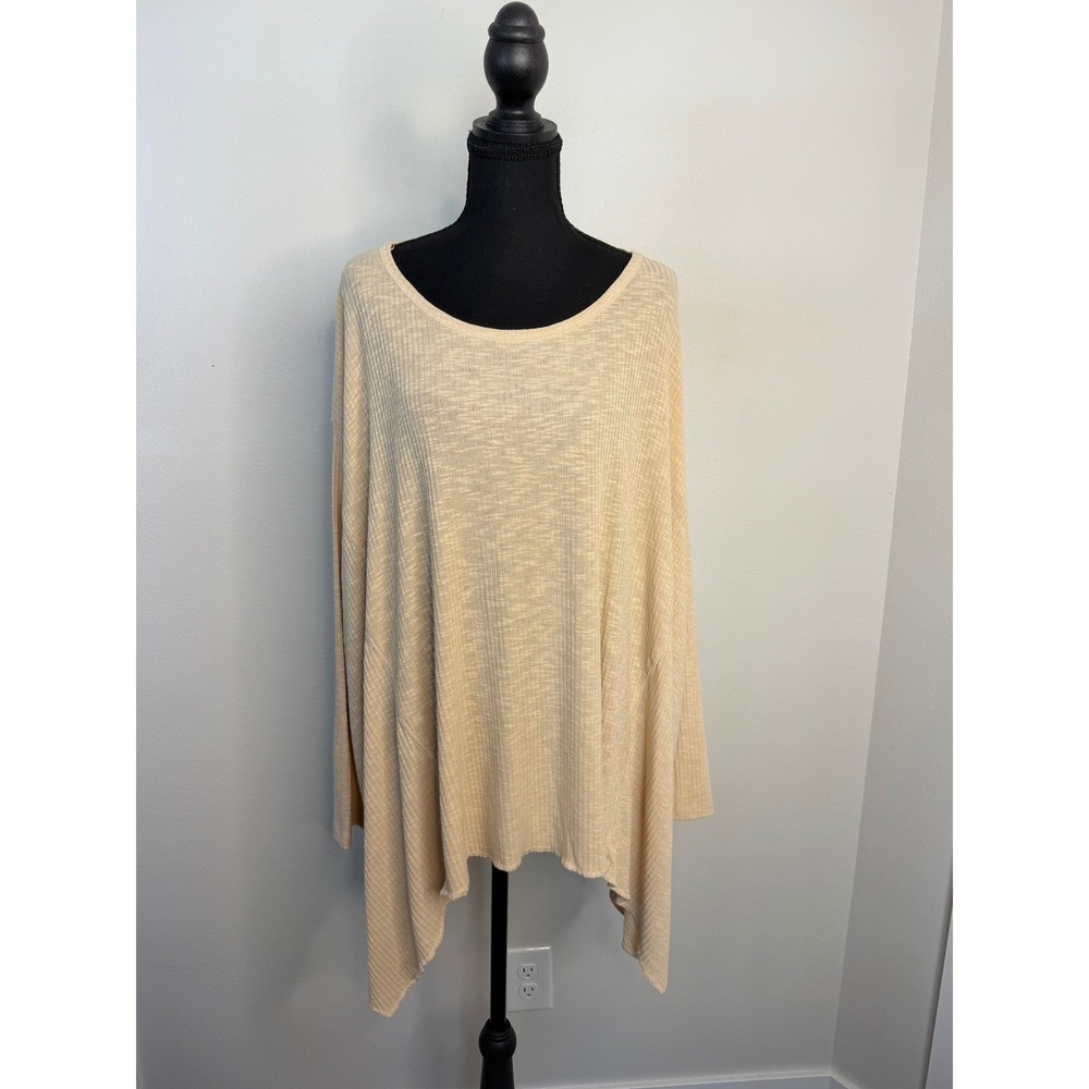 Heyson Tan Ribbed Sharkbite Hem Tunic Top Long Sleeve Oversized Large